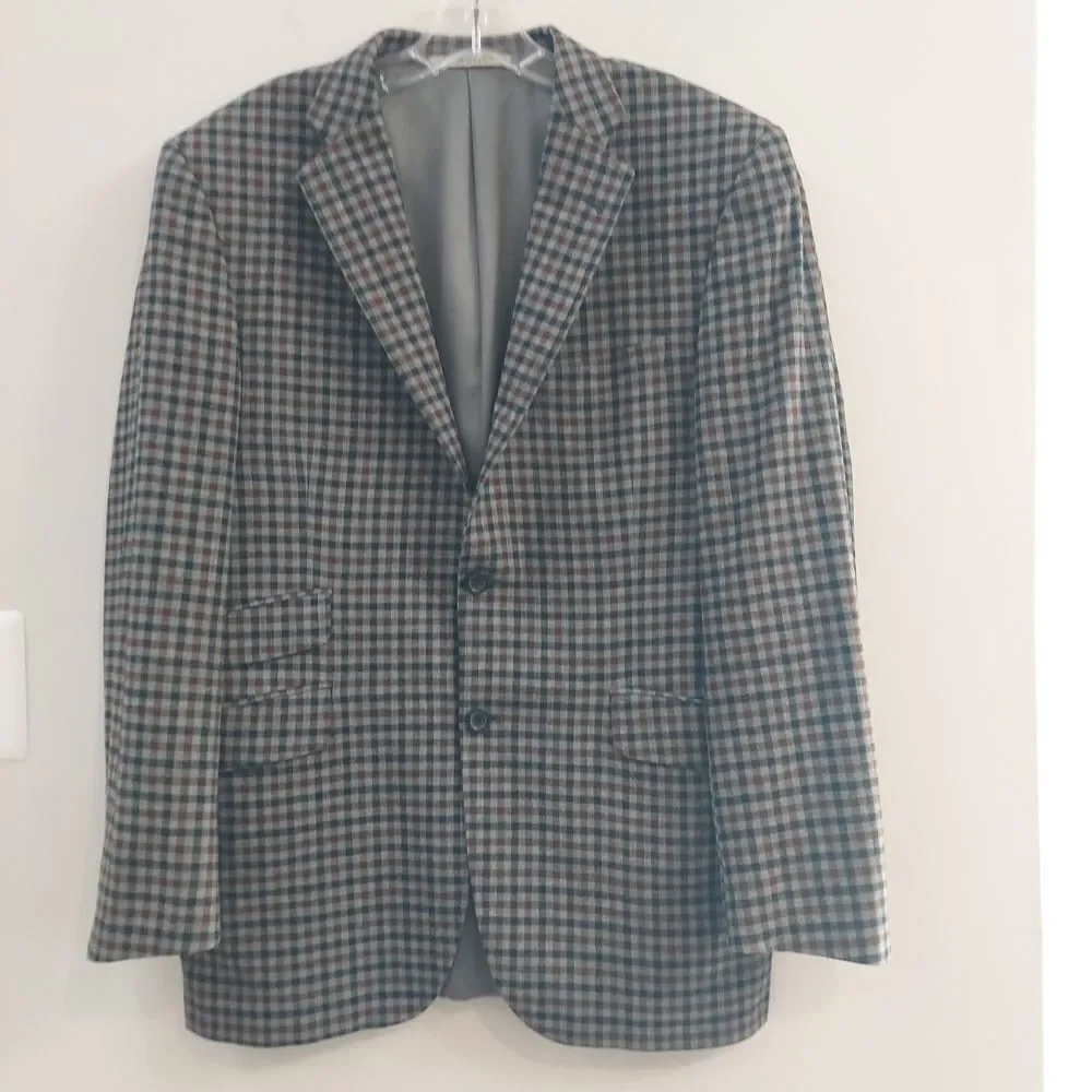 Burberry Gray, Brown, Black Plaid Blazer Jacket Cashmere Blend Sz 40 REG